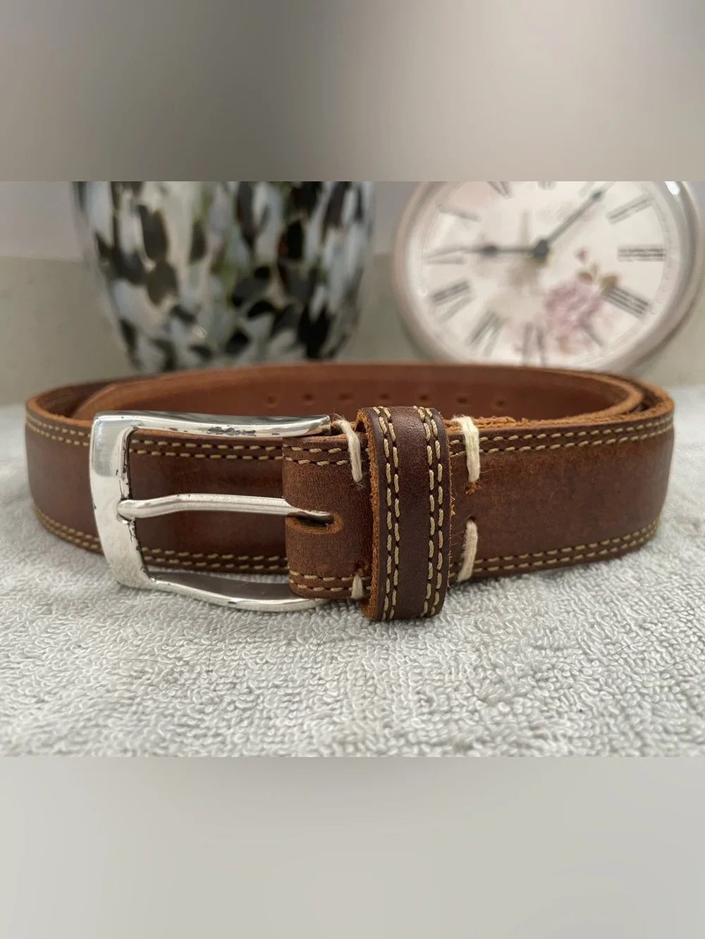 Eddie Bauer Brown Leather Belt with Silver Buckle